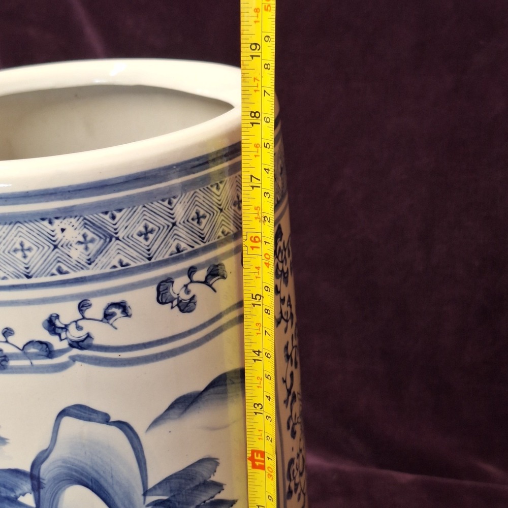 Blue and White Ceramic Floral Round Traditional Umbrella Stand 18" X 7" - Picture 8 of 9